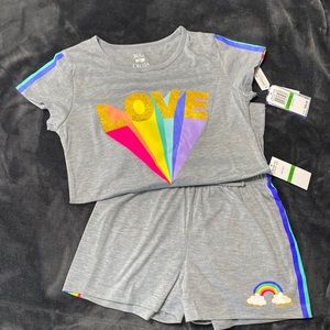 Max & Olivia 2 piece LOVE short set. Gray with pink, yellow, green, purple.